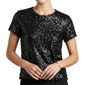 Gryphon Anthropologie Black Sequin Cap Sleeve Round Neck Shirt Top Size S Glam